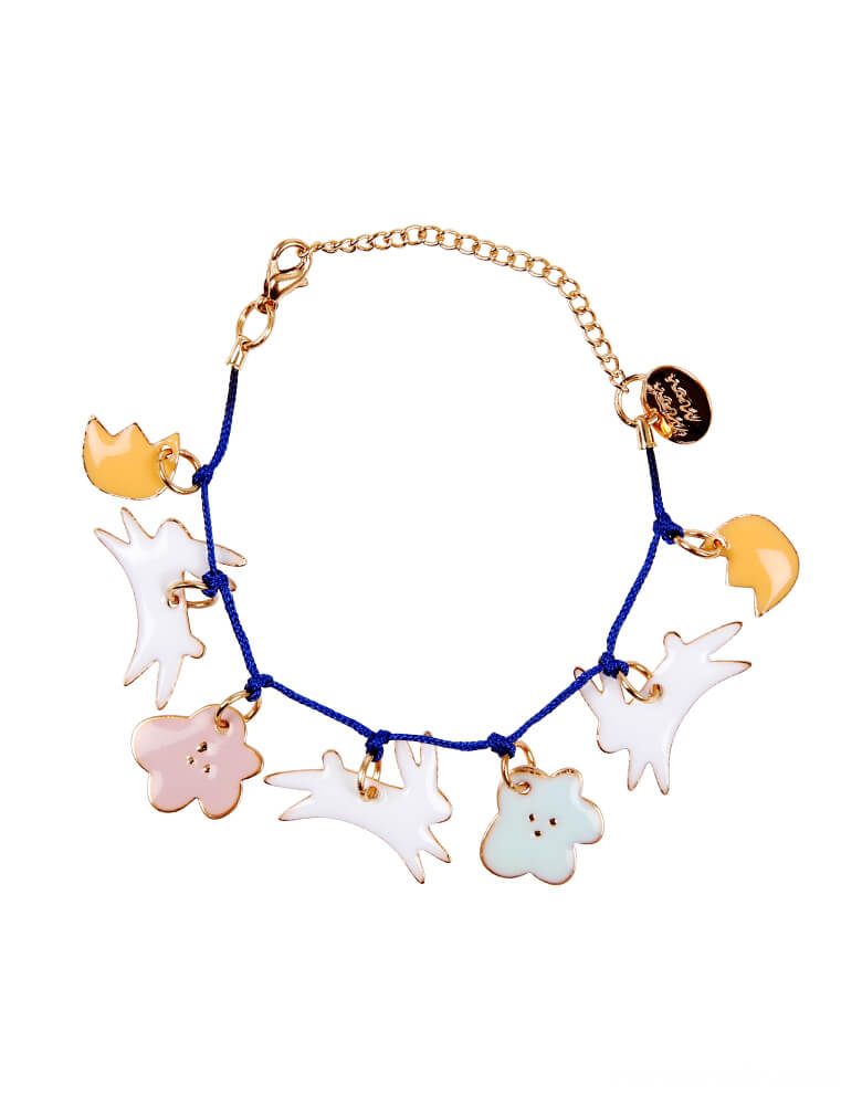 Meri Meri Bunny Enamel Bracelet. This charm bracelet, featuring 7 enamel charms with adorable enamel bunnies and flowers, is guaranteed to be received with delight. Embellished with gold foil details and has a bold blue cord and gold tone chain and fastener. so cute for your non-chocolate gift for Easter