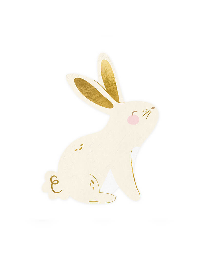 Momo Party's 5 x 6.3" bunny shaped napkins by Party Deco, come in a set of 20, these napkins with gold foil accent are prefect for your Easter brunch table.