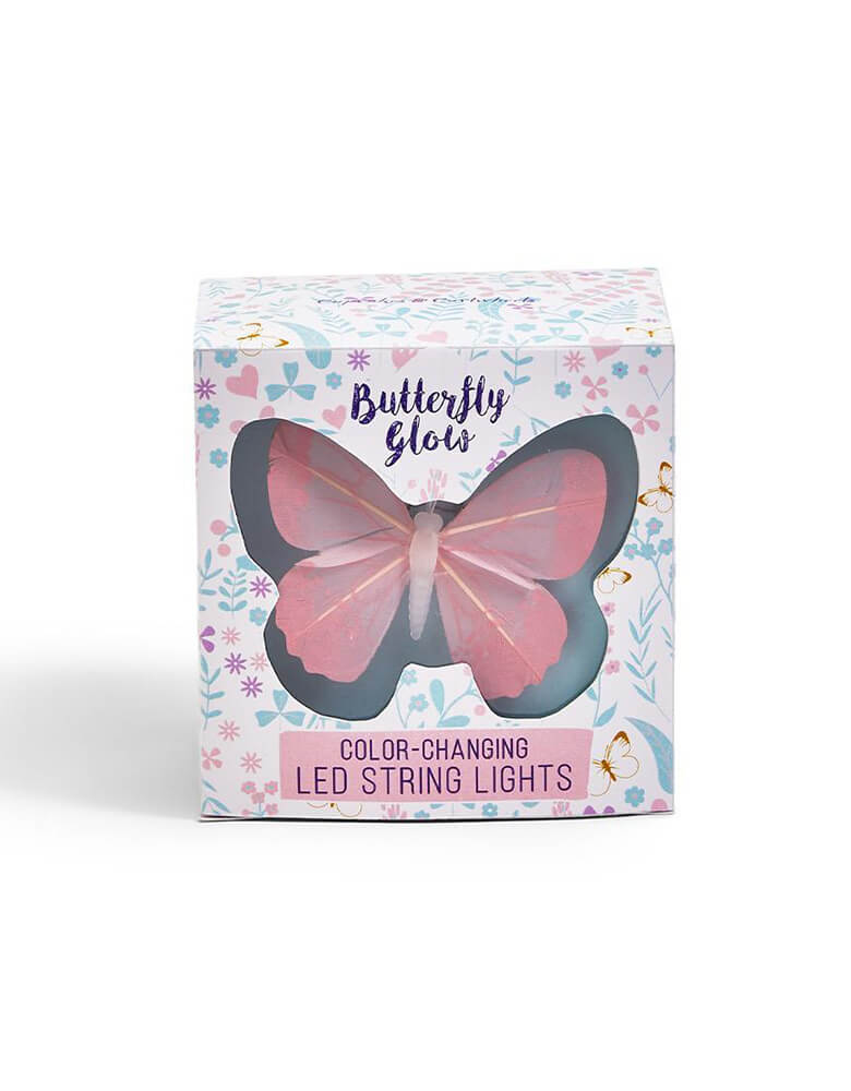 Two's Company Butterflies Color Changing String LED Lights in a box package. Use as a decoration on a bookshelf, window sill, or hang up alongside a wall for a party. It's perfect for a butterfly or Disney Encanto themed party