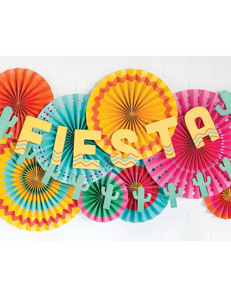 my minds eye Fiesta Party Fans with Fiesta banner, Cactus banner together for effortless backdrop decor, make a great for a Summer Fiesta Mexican themed festive Party