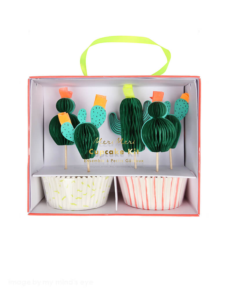 Meri meri Cactus Cupcake Kit. Cactus themed toppers with 24 coordinating cupcake cases Honeycomb & neon print detail
