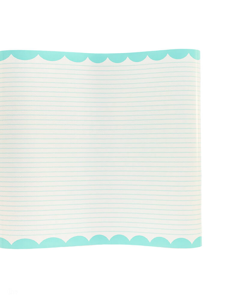 Cake By Courtney Blue Scalloped Paper Table Runner by My Mind's Eye. Featuring a blue and cream stripe and scallop design this table runner will make your table the centerpiece of your gathering. From baby showers to birthday parties or even taking an insta worthy shot of your cake's good side this table runner is a perfect addition to your table!