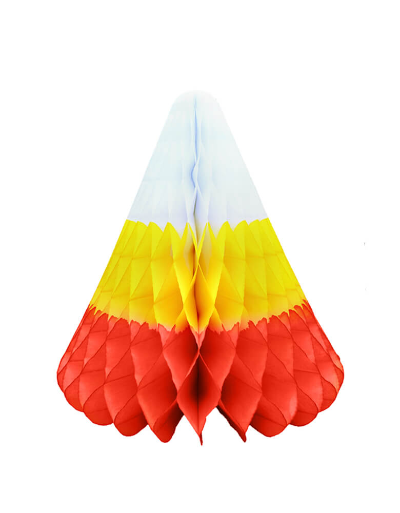 Devra Party Candy Corn Honeycomb Decoration in Hand-crafted and hand-dyed of the traditional white, yellow, and orange stripes, Made in the USA. This Giant candy corn honeycomb decoration, is made from high quality tissue paper and have a looped hanging string attached, is the perfect addition to your event decor, or photo backdrop. With the modern unique designed web shape, perfect decoration for a Halloween party, trick-or-treat Halloween party, Witch Party, Haunted House Birthday Party