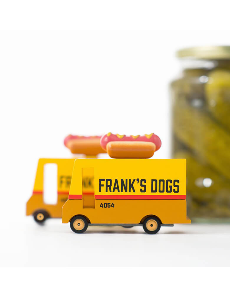 Candylab Wooden Car toys - Candyvans Hotdog Van with jar of pickles on the background