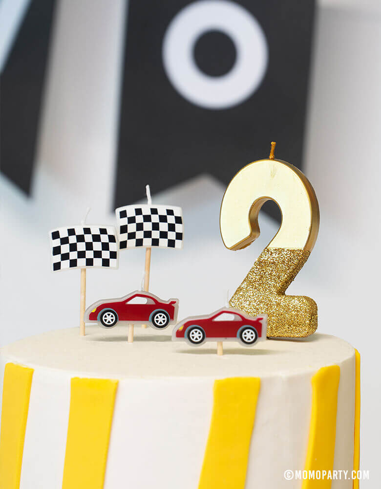 Birthday Cake with Talking Table Race Car Birthday Candles and Gold WE HEART BIRTHDAY #2 Gold GLITTER CANDLE for a Boy's "Two Fast" Car themed birthday Party