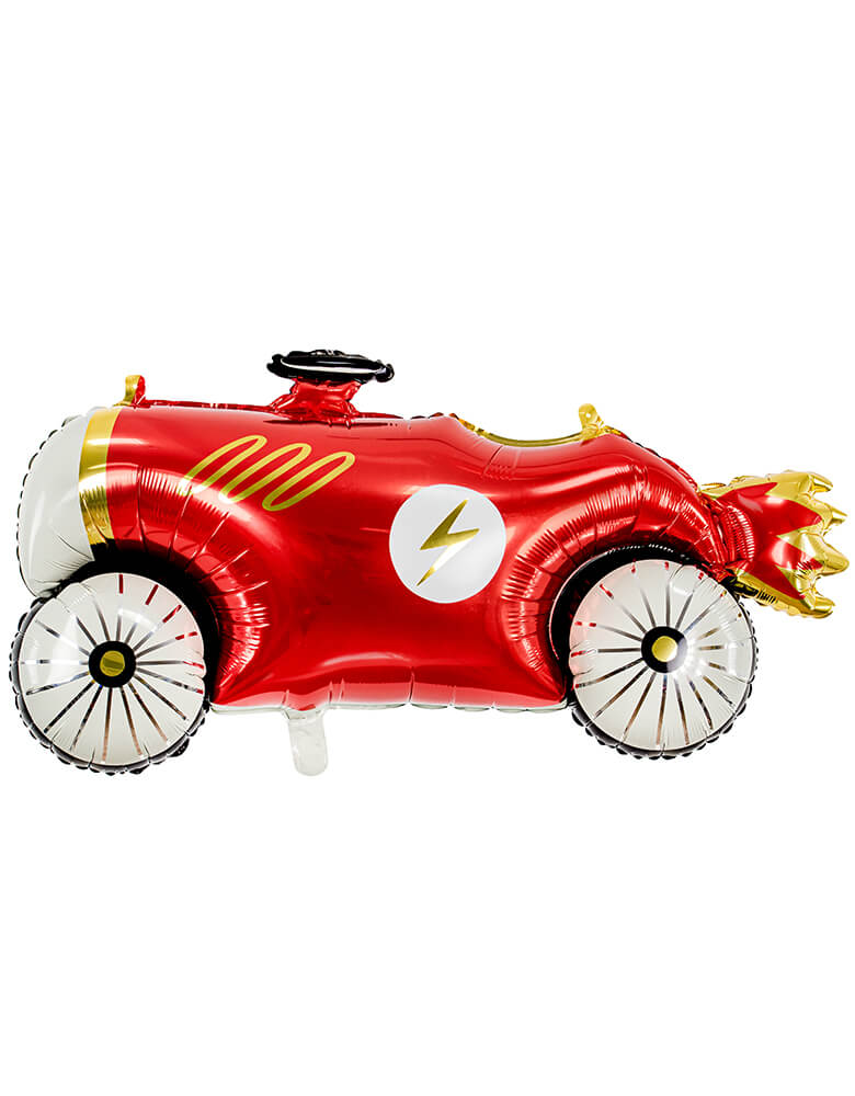 Party Deco - 36inch Car Foil Mylar Balloon, featuring race car shape with a lighting icon on it's red car body with gold foil details. perfect for a race car themed birthday, cars party, car themed birthday, birthday theme for boys or car lovers