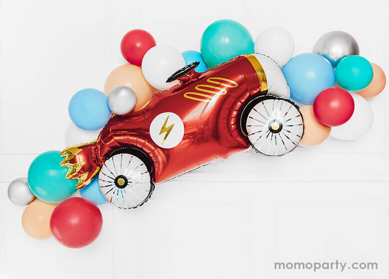Party Deco 36 inch Car Foil Mylar Balloon, with a lighting icon on it's red car body with gold foil details. red, mint, blush and red balloon garland. Sold by Party Boutique Online at momoparty.com  provided modern party supplies, boutique party supplies, chic holiday party supplies and high end party supplies