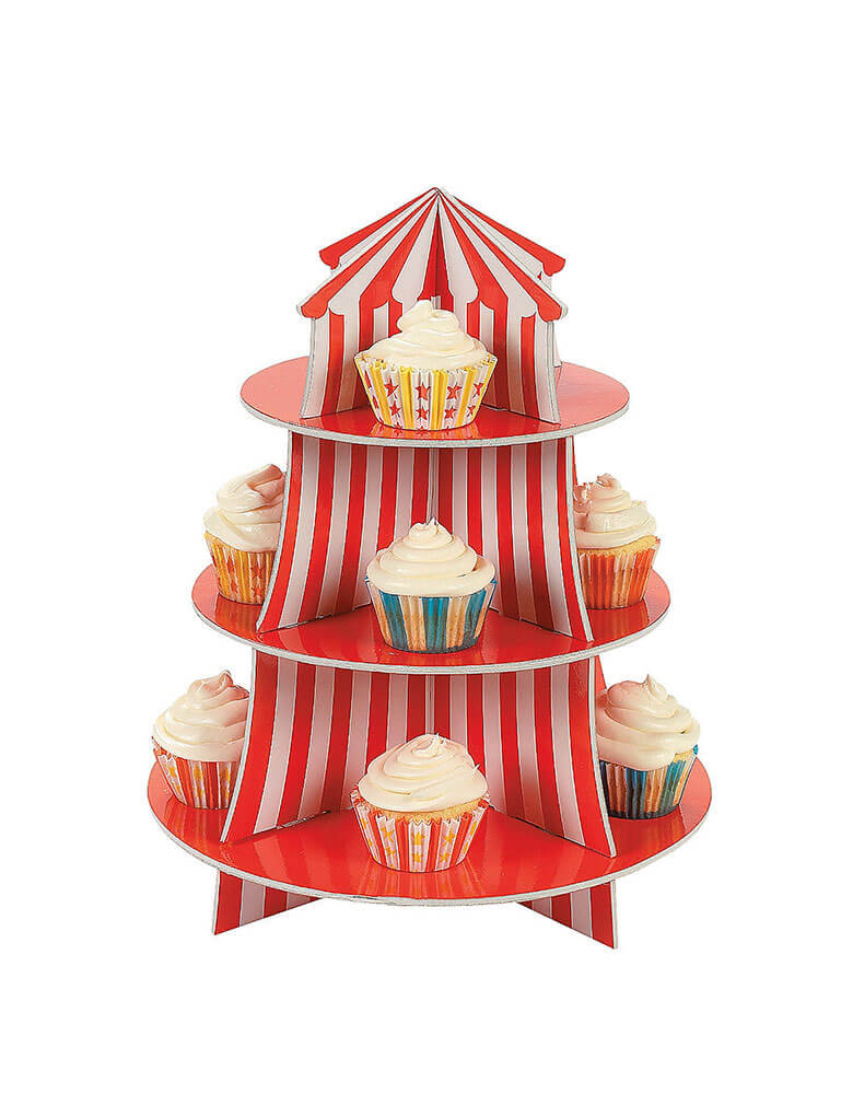 Momo Party's 16" 3 tier circus carnival big top cupcake holder by Fun Express, with festive cupcakes on it, it makes a perfect centerpiece for a carnival or circus themed kid's party.