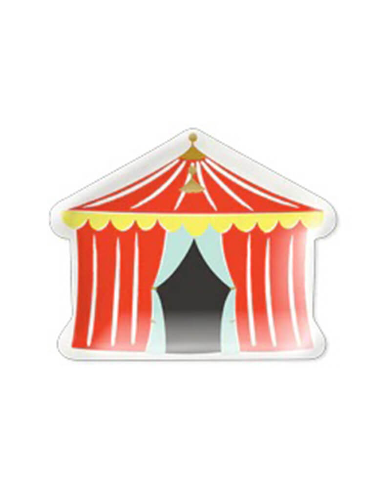 Momo Party's 9" carnival tent shaped plates by My Mind's Eye, featuring Die cut into a whimsical carnival tent, these shaped plates will have your guests stepping right up for second helpings of all of their favorite carnival fair!