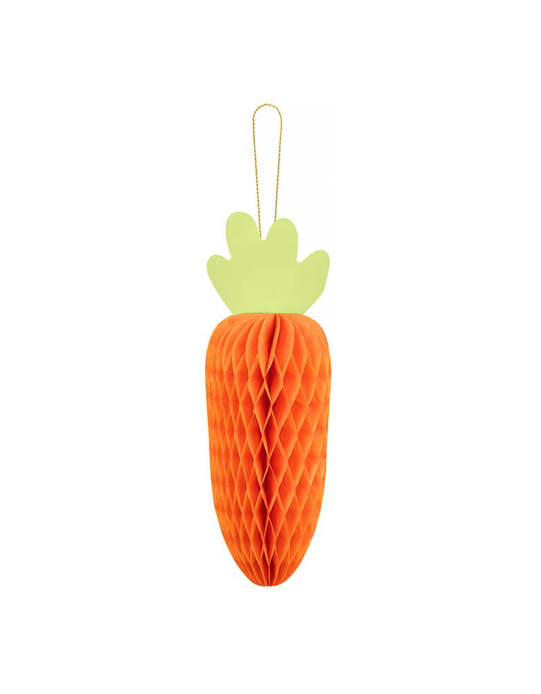 Momo Party's 7.8" carrot honeycomb decoration by Party Deco. This honeycomb carrot decoration is a great way to set the stage for your Easter or spring themed event! Hang it from the ceiling or open half-way to attach to the wall for a fun photo backdrop.