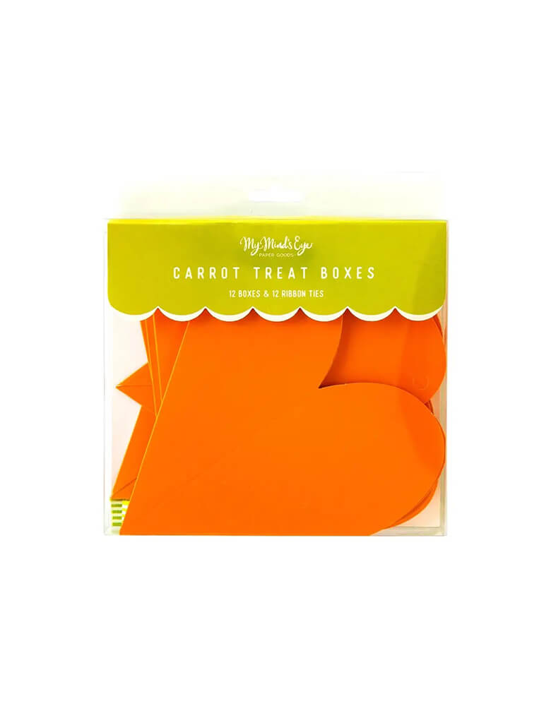 Momo Party's 3 x 3 x 6" carrot treat boxes with ribbons. Come in a set of 12 pre-scored and glued carrot shaped boxes and 12 ribbons.