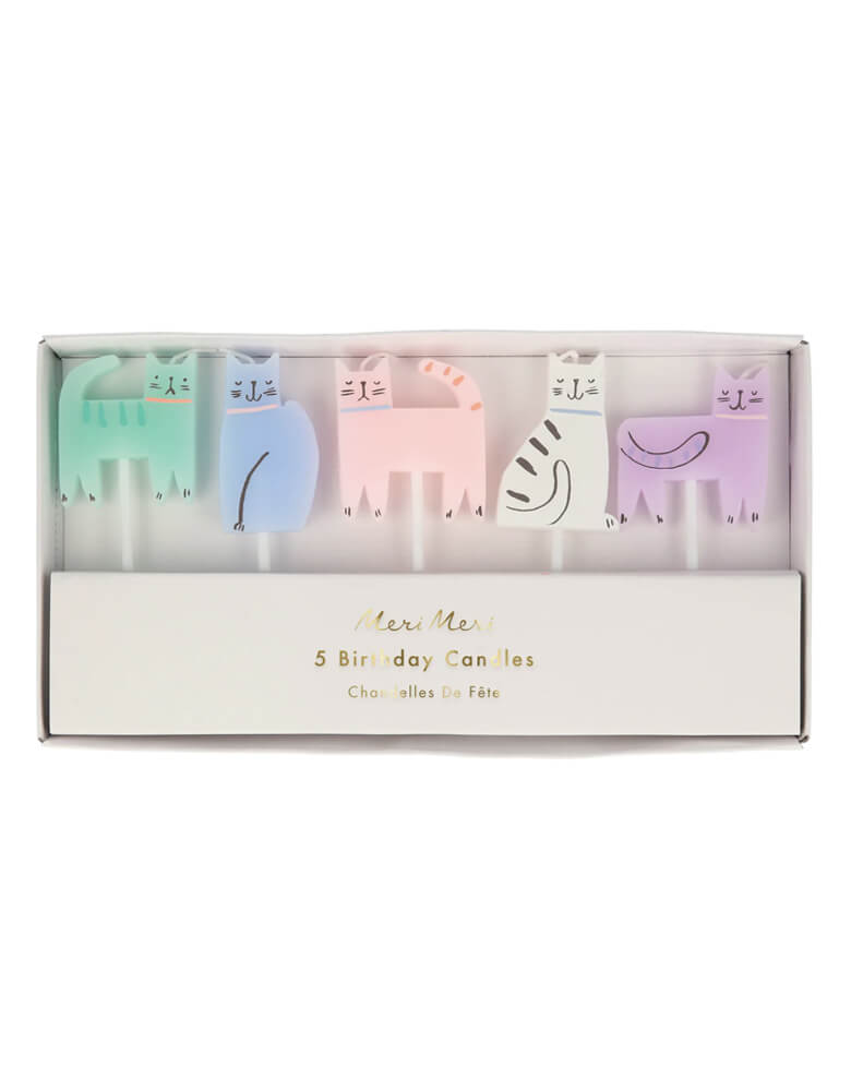 Momo Party's Cat Candles by Meri Meri. features 5 cute kittens in green, white, pink, lilac and blue colors. Transform cupcakes or a special celebration cake with these delightful cat candles.