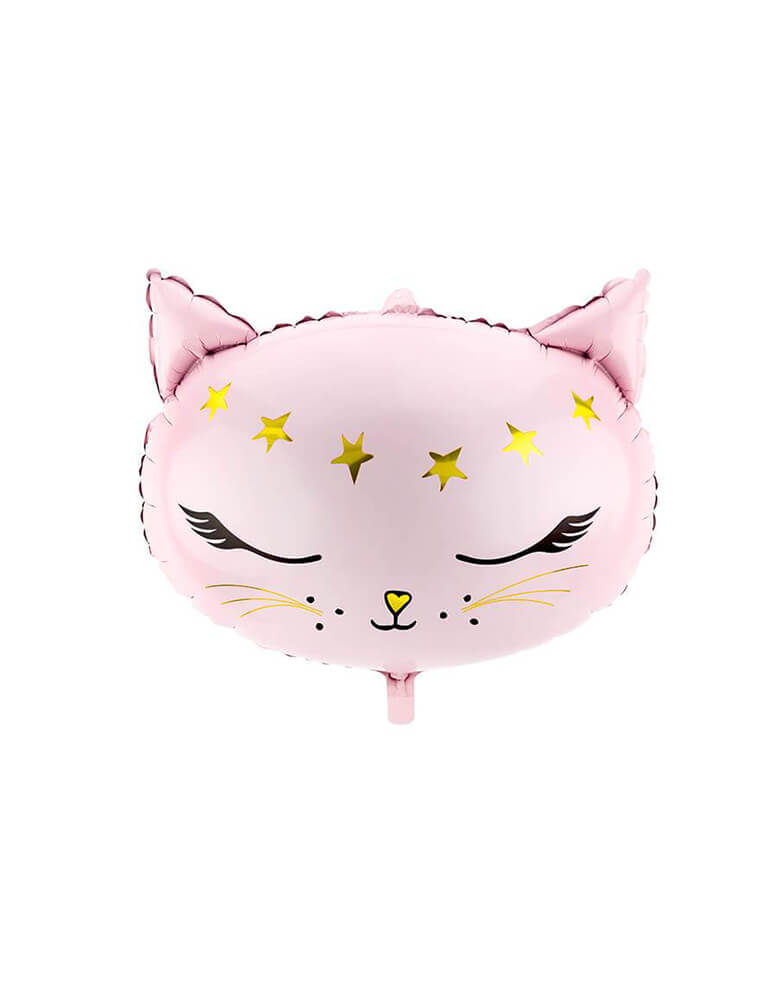 Party Deco - 19 inches Pink Cat Foil Balloon. Featuring adorable pink cat head shaped foil balloon with gold star details. It's perfect for a pet-themed or cat themed party. 