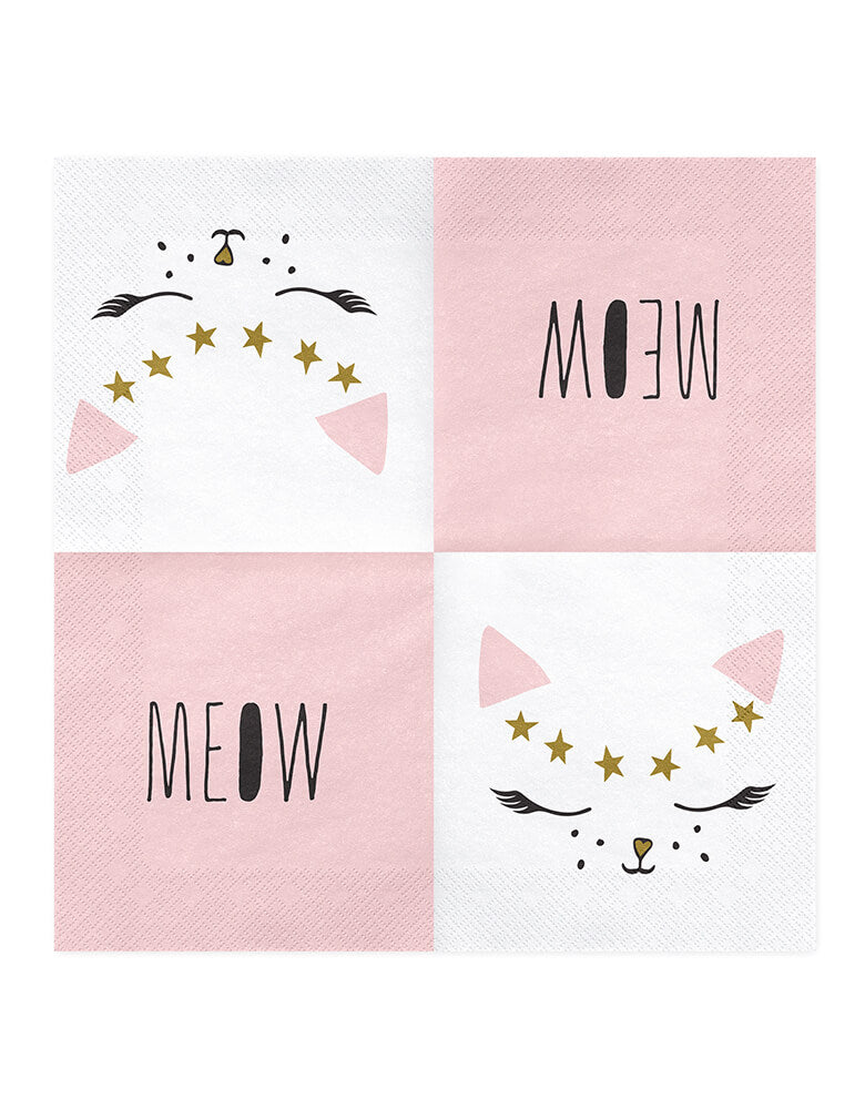 Party Deco - Cat Napkins. These cat napkins feature an adorable illustrated face with pink ear and gold stars in the front and 'meow' text in a pink color background in the back are puuurfect for your cat themed party!