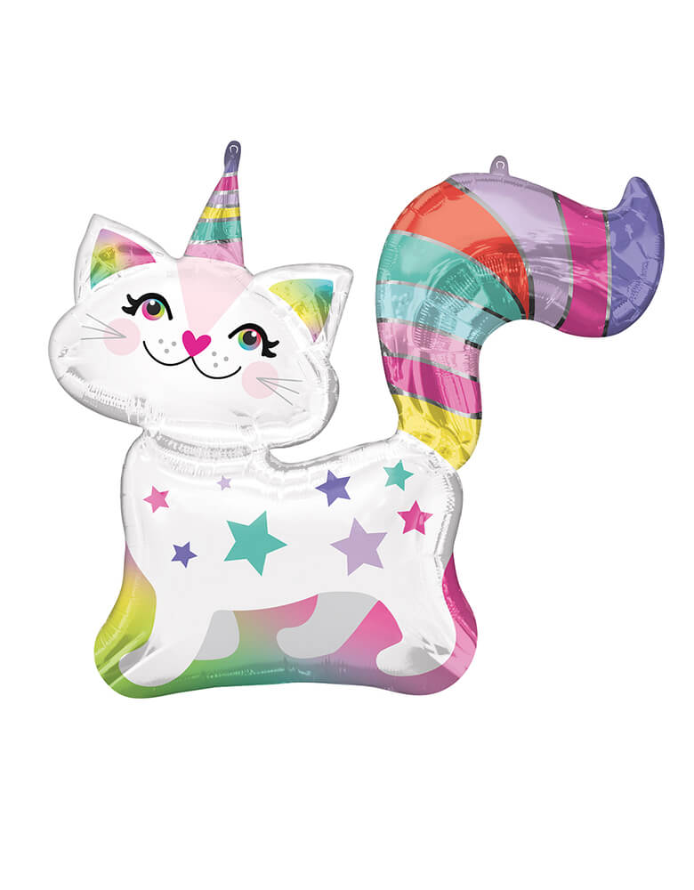 Anagram Balloons - 41216 Caticorn SuperShape™ P35. This 31 inches Caticorn Foil Mylar Balloon his Caticorn balloon has a cat shape with unicorn horn, covered in beautiful pastel rainbow colors. Its great for kiddos who little one love both cats and unicorns to celebrated for their birthday party or pastel rainbow themed party.