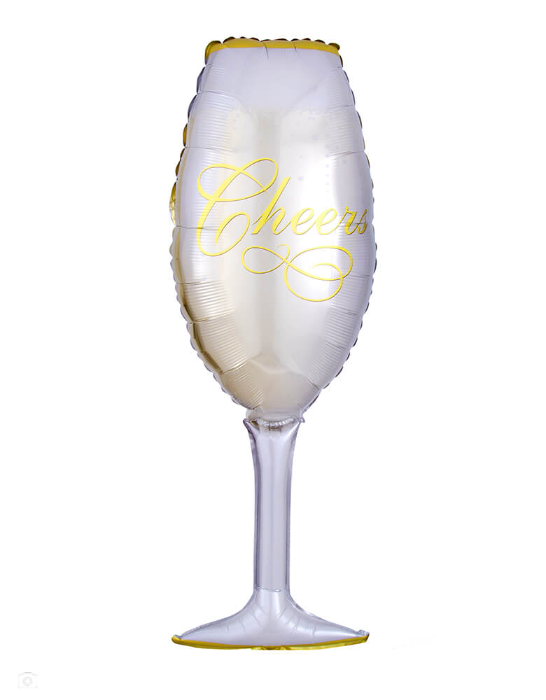 Anagram Balloons - 06195 Bubbly Wine Glass SuperShape™ XL® P30.  Accent your New Year's Eve celebration, bridal shower or wedding with this 38" large unique shape champagne glass foil mylar balloon with "Cheers" gold text on it! 