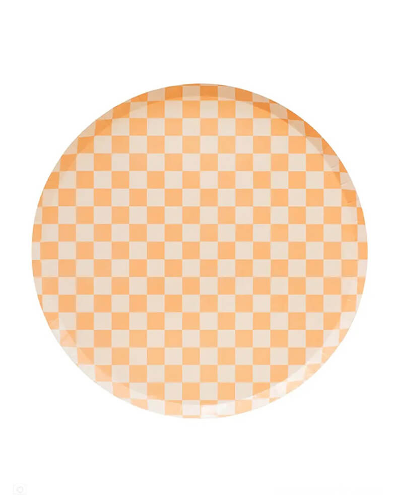 Momo Party's 10" peach checkered dinner plates by Jollity Co. Inspired by the classic skater shoe, this Check It collection is sure to make your party checklist! The two-tone plates and checkered print dinner plates are perfect for mixing and matching with your favorite party pieces or used as stand-alone items. 