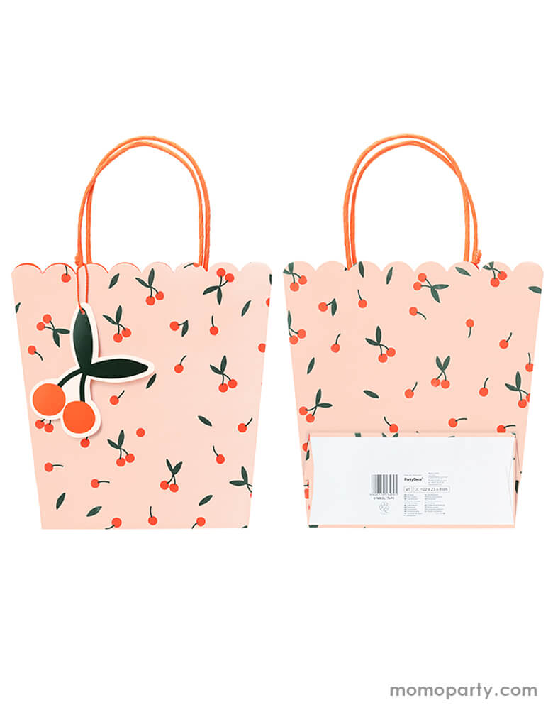 Front and back look of Party Deco's 9" cherry gift bag in pink with cherry pattern design and and a die-cut cherry shaped tag on the side, perfect for birthday goodie bags or gifting 