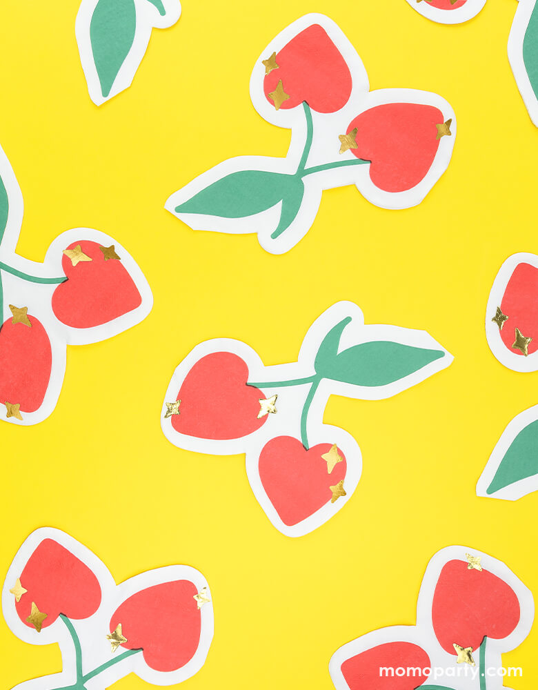A bright and cheery yellow background pattern made of Party Deco's cherry shaped die-cut napkins with gold star point detail, it makes a great inspiration for a fun fruit themed celebrations in summer!