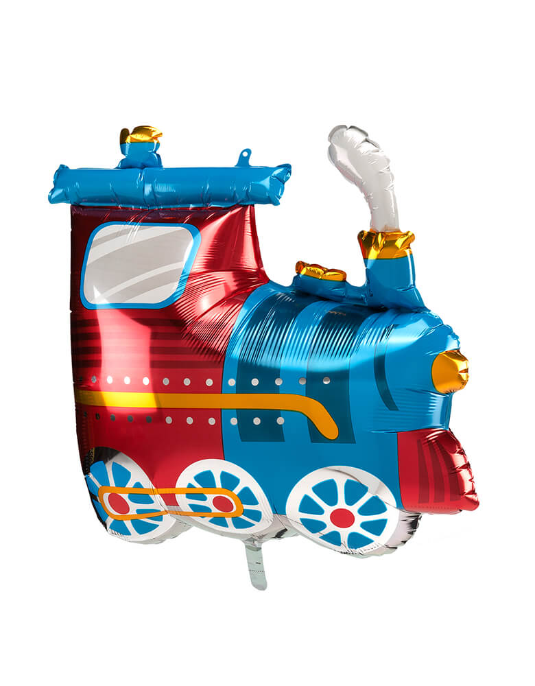 Side view of Anagram Balloons - 41234 Choo Choo Train Foil Balloon. 41234 Choo Choo Train SuperShape™ P35. Accent your train themed party with this 25" large unique shape Choo Choo Train foil mylar balloon. The perfect balloon for your train party, vehicle themed party