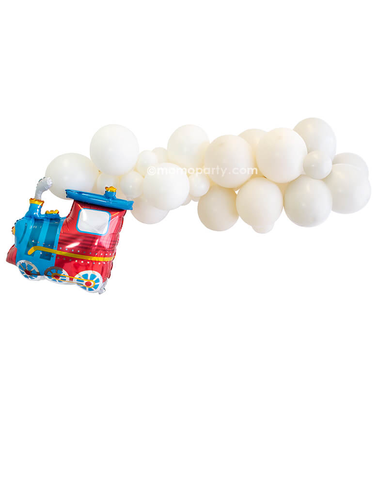 Choo Choo Train Balloon Cloud Kit By Momo Party. Assorted with 11” (large) & 5” (small) Train themed latex balloons in colors of Lace, White Sand and stone,  just like the train smoke, with a train foil balloon together, are perfect decoration for a train themed birthday party,  made in USA