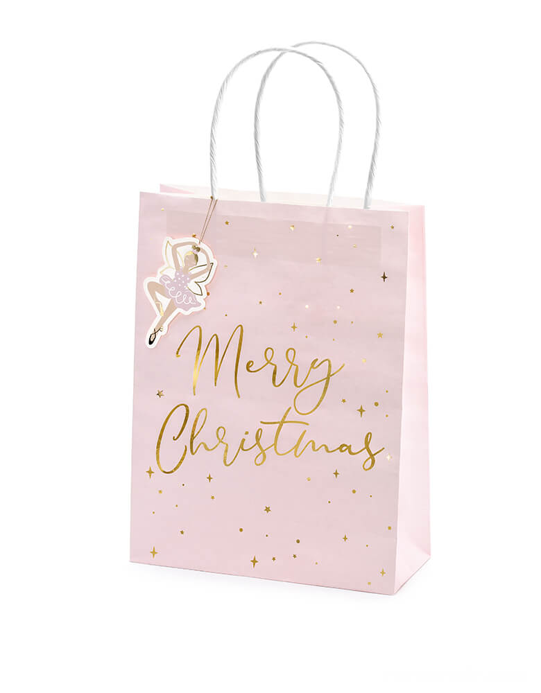 Party Deco Christmas Gift Bags - party bags with a pink ballerina shaped gift tag on the Pink bag with gold foil sparklers and Merry Christmas sign on it