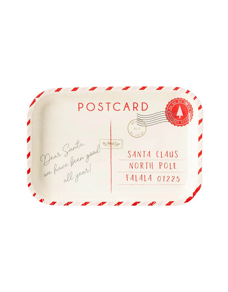 My Minds Eye’s unique Believe postcard plates its great for a winter-themed or Santa-themed Christmas holiday party. Celebrate away with these vintage-inspired plates that come shaped like a postcard with a message to Santa to be delivered to the North Pole. The plates are a set of 8, red and sized 9.75 x 6.75 inches and perfect to hold delicious cookies, treats, and other yummy party favorites.  