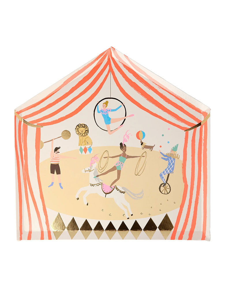 Momo Party's 9.25" Circus Parade Plates, come in a set of 8, these big top tent shaped plates featuring circus animals including a lion, a pony, a dog and circus characters including a juggler and aerobics in adorable illustration style with gold foil accents, they're prefect for a kid's circus or carnival themed birthday party.