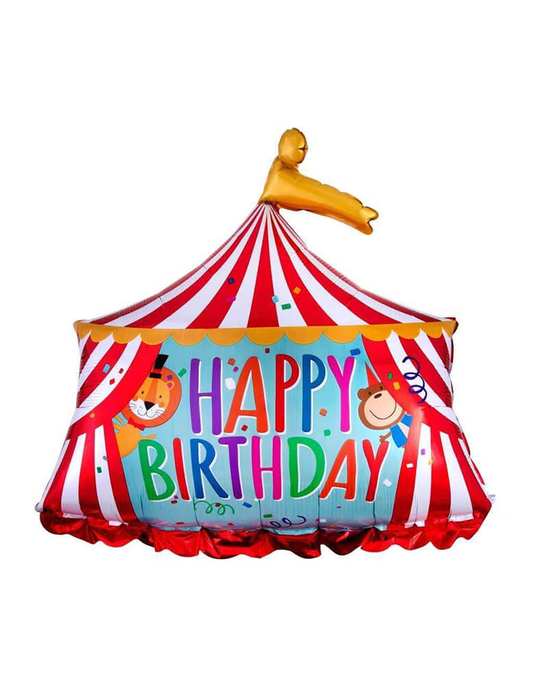 Momo Party's 28" Circus Tent Shaped Foil Balloon by Anagram Balloons featuring a lion and a monkey with "Happy Birthday" in colorful font, perfect for kid's carnival or circus themed birthday party.