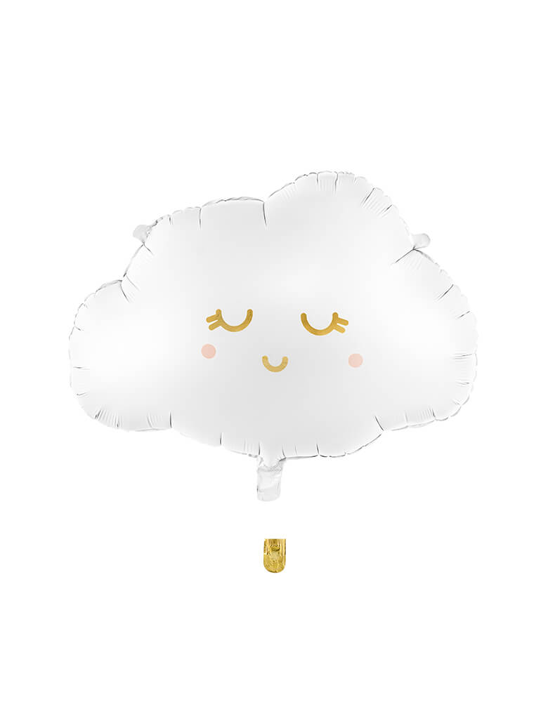 Party Deco's 20" x 14" satin/matte cloud shaped foil balloon with a sleeping and smiley face in gold foil  detail., a perfect balloon that sets up a scene for a kid's rainbow themed birthday party or a baby shower