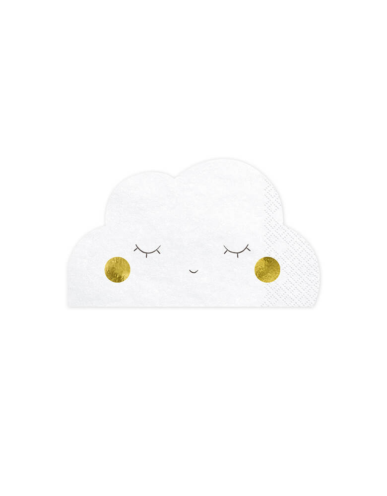 Party Deco Cloud Napkins. featuring a cloud shaped napkin with happy faces and cheek in gold foil design, they are perfect for any celebration, including baby showers or birthdays.