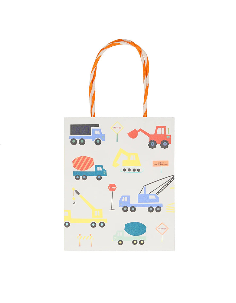 Momo Party's 5x6x3" construction themed party bags by Meri Meri, featuring adorable illustrations of trucks including a dumper, a crane, a cement mixer, a digger and a construction cone. Perfect for a kid's construction or truck themed birthday party! They make great gift bags too.