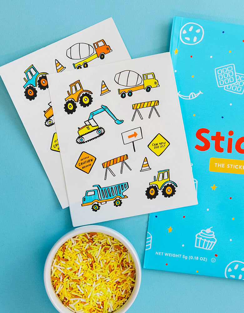 make bake Construction Edible Decorating Stickers with Pack of 2 sticker sheets, total of 24 stickers. Made in the USA. Featuring construction themed design. Stickies™ are made in the U.S.A. They're nut free, dairy free, gluten free, non-GMO and Kosher. Basically, Stickies™ are for everyone! this set of Stickies is perfect for your little one's construction themed party!