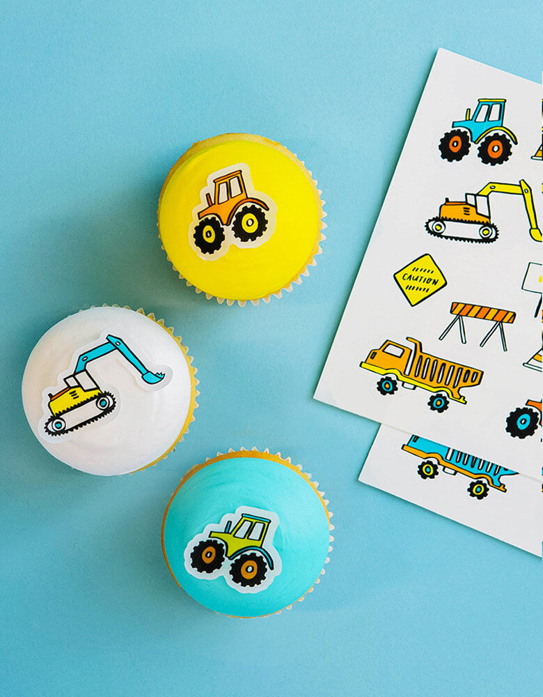 make bake Construction Edible Decorating Stickers with Pack of 2 sticker sheets, total of 24 stickers. Made in the USA. Featuring construction themed design. Stickies™ are made in the U.S.A. They're nut free, dairy free, gluten free, non-GMO and Kosher. Basically, Stickies™ are for everyone! this set of Stickies is perfect for your little one's construction themed party!