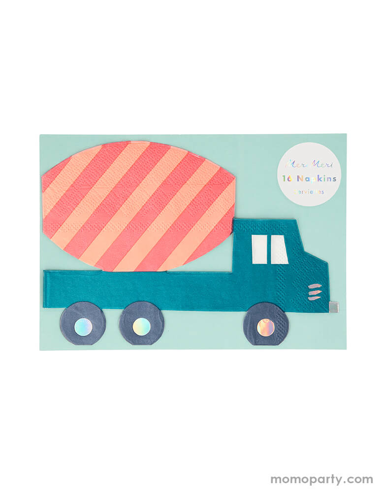 Meri Meri Construction Napkins. pack of 16 in the bag. The napkins feature a Concrete truck die cut shape with lots of silver holographic foil for a special effect.