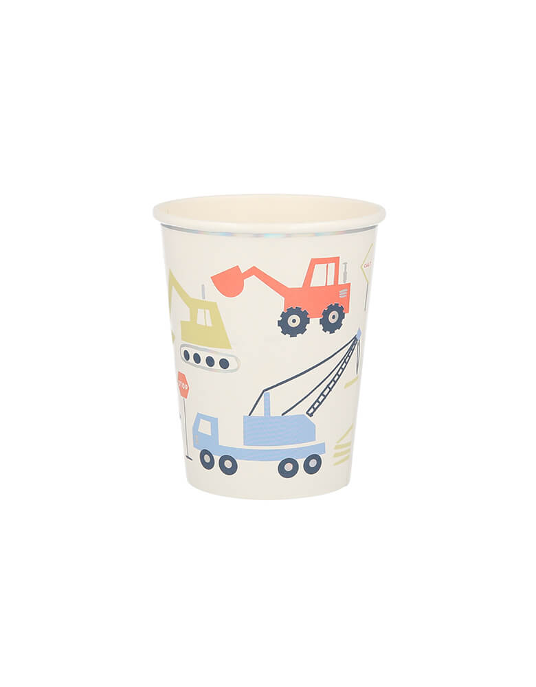 Meri Meri Construction Party Cups. Pack of 8. These fabulous cups feature popular vehicles design, as well as lots of sensational silver holographic border and foil details