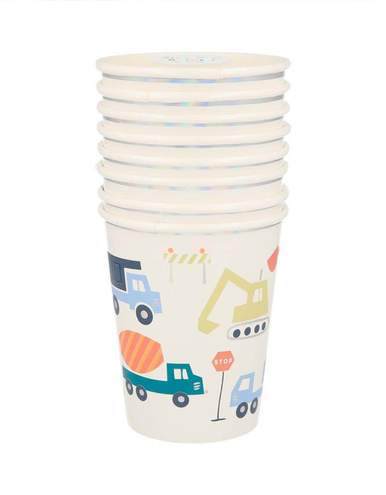 A set of Meri Meri Construction Party Cups. These fabulous cups feature popular vehicles design, as well as lots of sensational silver holographic border and foil details