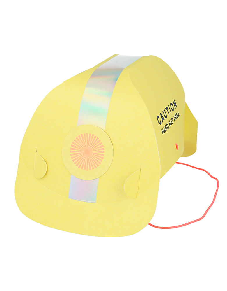 Meri Meri Construction Party Hats. They are crafted from high quality card and feature the words "Caution. Hard Hat Area" in the side of the hat. They have lots of shiny silver holographic foil for a fabulous effect, They are comfortably kept in place with bright orange elastic