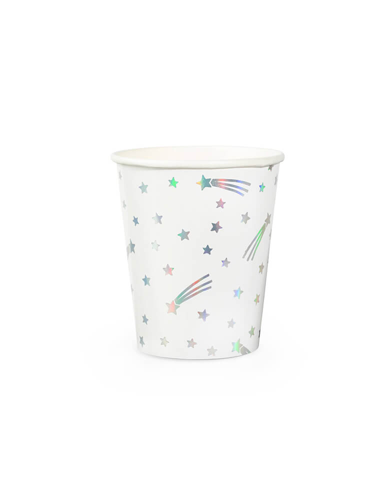 Day Dream Society Cosmic Cups, Set of 8, illustrated by hello!lucky for daydream society, reach for the stars! featuring a mix of holographic silver foil and metallic silver ink, we are all starry-eyed over these paper cups. These Modern Paper Party Cups are simply perfect for a space, Star Wars, galactic themed celebration, and over the rainbow collections!