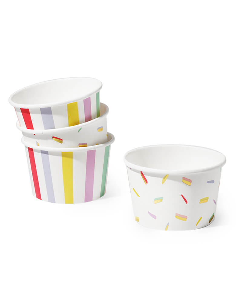 Coterie - Stripe and Sprinkle Bowls. Pack of 10, 5 striped bowls and 5 sprinkle bowls with gold metallic accents. These cups are so fun and perfect to use as ice cream cups, or serve for snacks and sweets