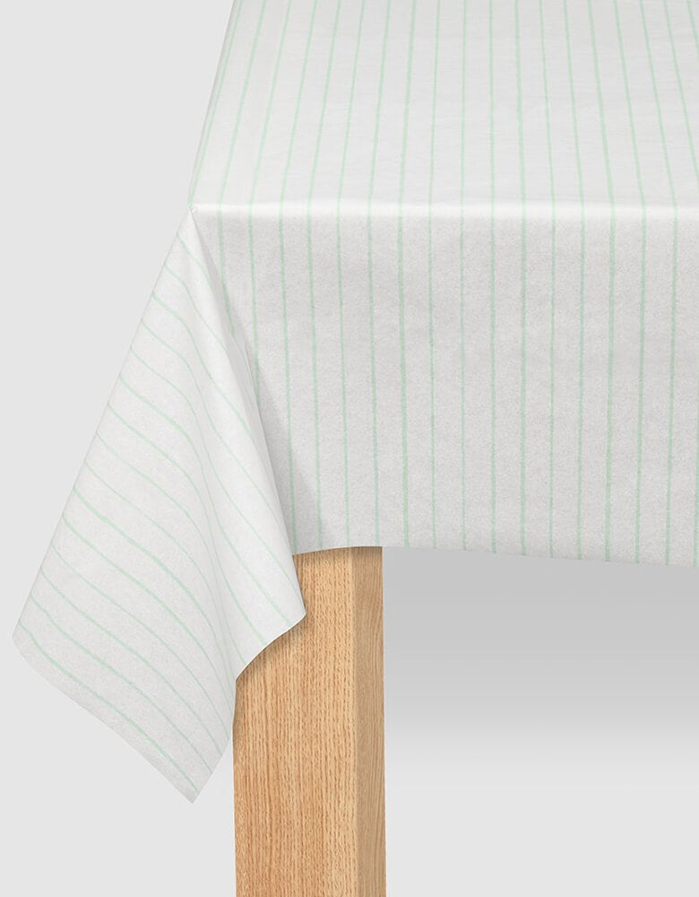 Coterie - Mint Pinstripe Tablecloth. 8.5ft x 4.5ft. Made from a super soft paper that Recyclable and compostable! This modern mint pinstripe tablecloth does double duty: protecting surfaces and adding a great design touch to your tablescape.