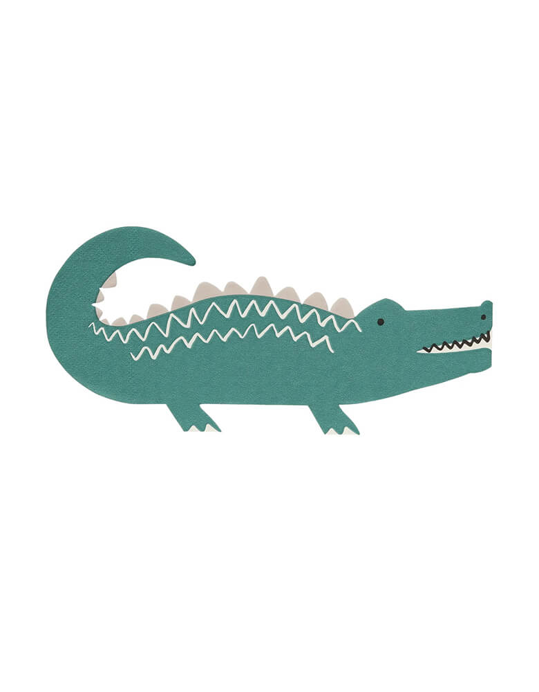 Momo Party's 7.75 x 3.625" crocodile napkins by Meri Meri, comes in a set of 16 napkins, they add a really wild touch to your party with our napkins expertly crafted in the shape of toothy crocodiles, make them perfect for your party table for a kid's jungle or animal themed birthday party.