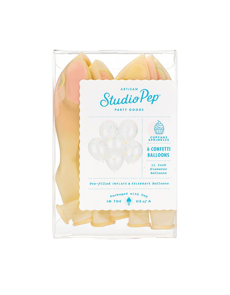 A clear plastic packaging box of Studio Pep - Cupcake Sprinkles Confetti Balloons. pack of 6, 11-inch latex balloons with with adorable cupcake sprinkles confetti in a perfect color combo. Add this fun balloon bunch to your sweets themed or ice cream party! 