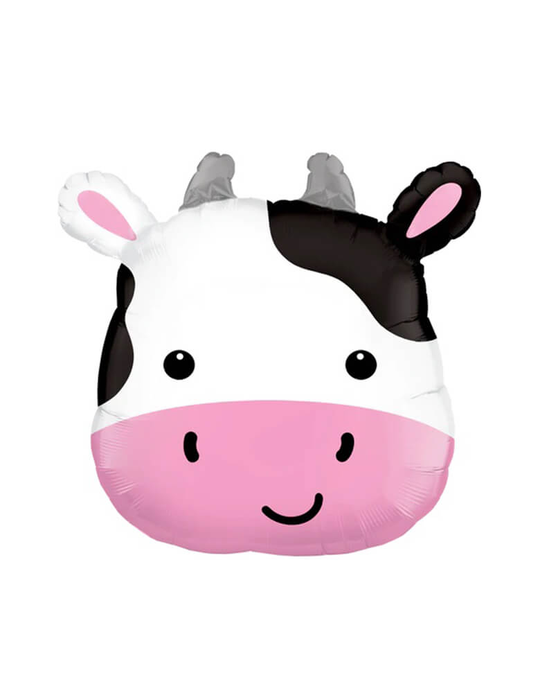 Momo Party's 32" Cute Holstein Cow Shaped Foil Mylar Balloon by Qualatex Balloons. Featuring cute illustration, this cow head shaped foil balloon is great to set the scene for a farm themed kid's birthday party.