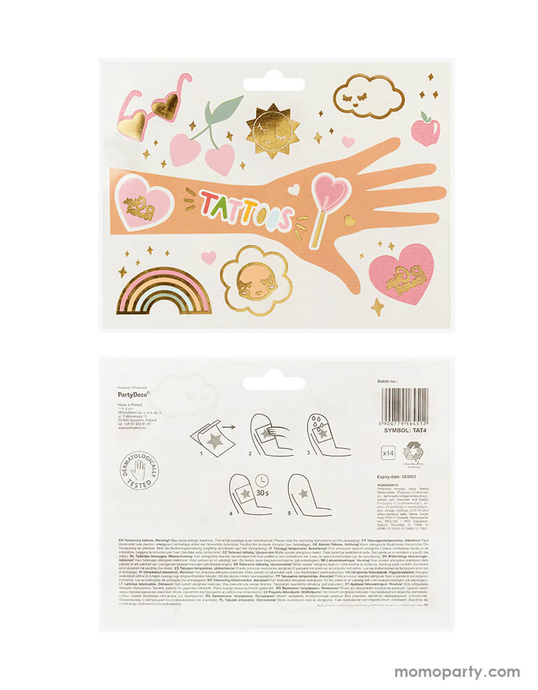 Package and Instruction of Party Deco Daisy Temporary Tattoo Set.  Each set contains one page of 14 tattoos, one tattoo of each pattern. Designs include rainbow, cherries, sunglasses, hearts and fun images.  Perfect for parties or treating little ones to some fun at home.