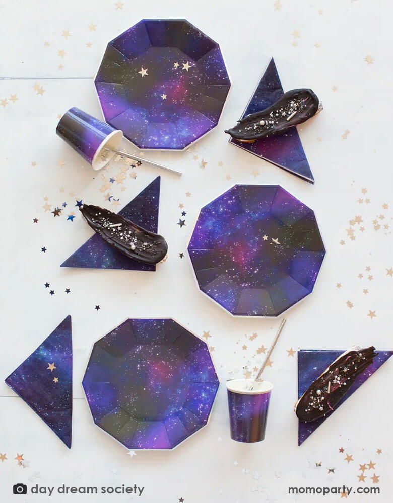 Daydream Society Galactic collection lineup with party cups, plates and napkins - perfect decorations for a space birthday party or a Star Wars themed party