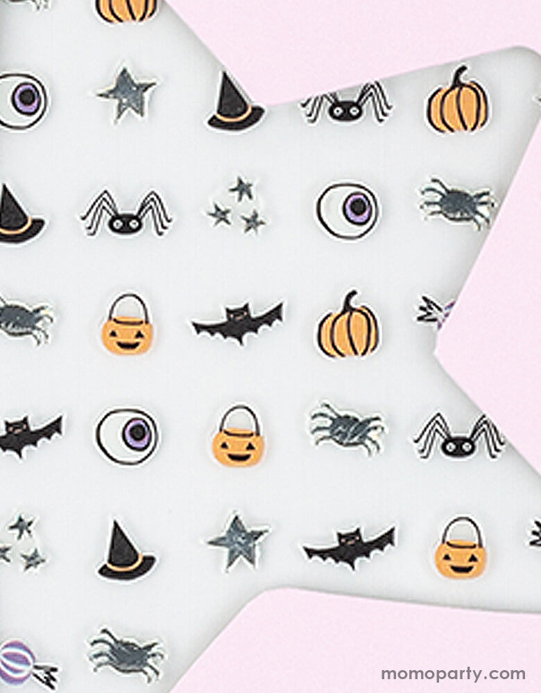 close up details of Jollity & Co Party Boutique - Daydream society collection - Hocus Pocus Nail Stickers. This Safe and non-toxic nail stickers, included pack of 1 sheet of 100 sticker, Illustrated by Lindsey Balbierz. featuring silver foil elements, these Halloween nail stickers have put a spell on our fingers. They are also make the perfect non-candy treat!