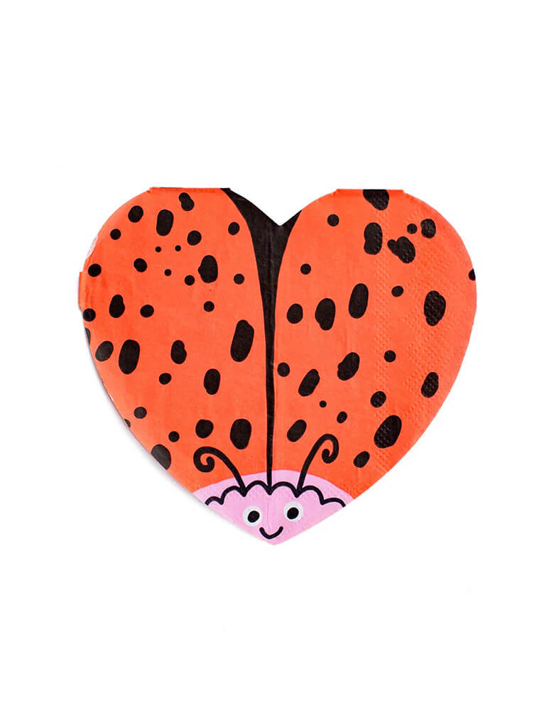 Momo Party's 6" love bug shaped napkins by Daydream Society, featuring an adorable illustration of a ladybug in heart shape, they make a great addition to a kid's Valentine's Day celebration party table.