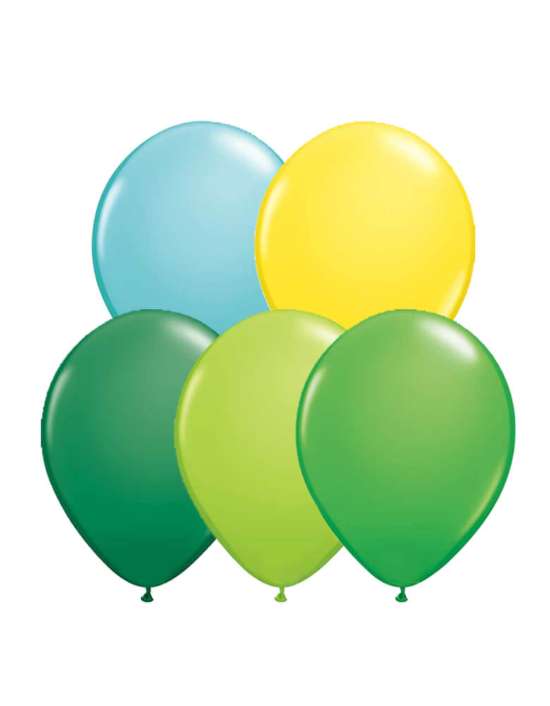 Set of 12 Qualatex Latex Balloon Mix including 3 of each green and spring green balloons, plus 2 of each lime green, yellow and Caribbean blue balloons