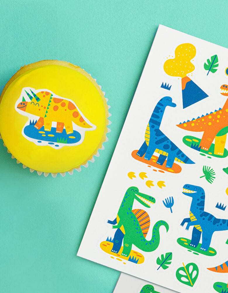 Make bake - Dinosaur Edible Decorating Stickers. 100% edible, vanilla-flavored, melt-in-your-mouth sugar "paper" FDA approved food colors Each sheet has 12 edible stickers Stickers are approx. 1"- 2" in height Food allergy-friendly. great for unique dinosaur birthday party favors or decorate your own cookie activities.